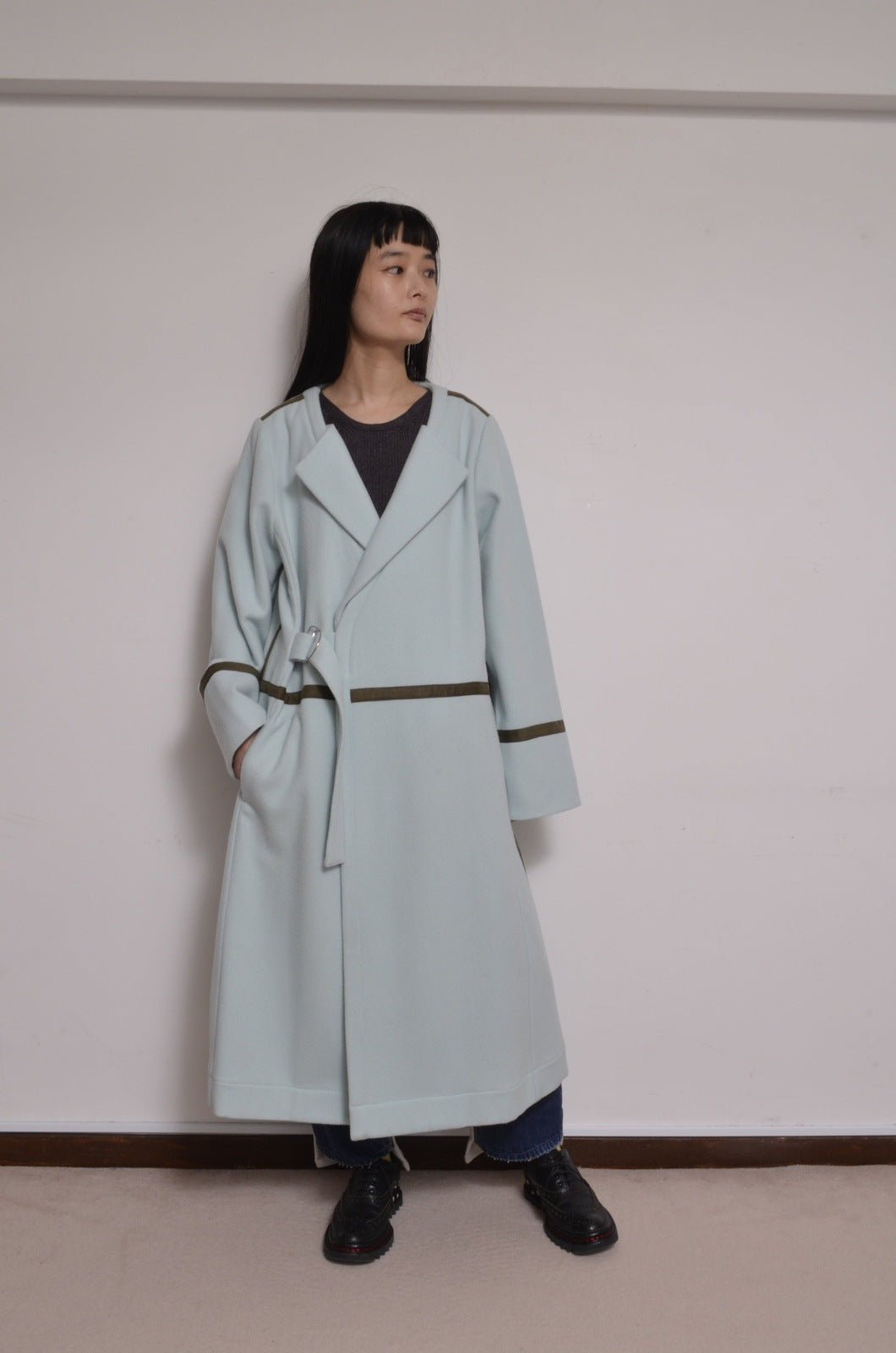 WOOL NO-COLLAR ROBE/SAGE