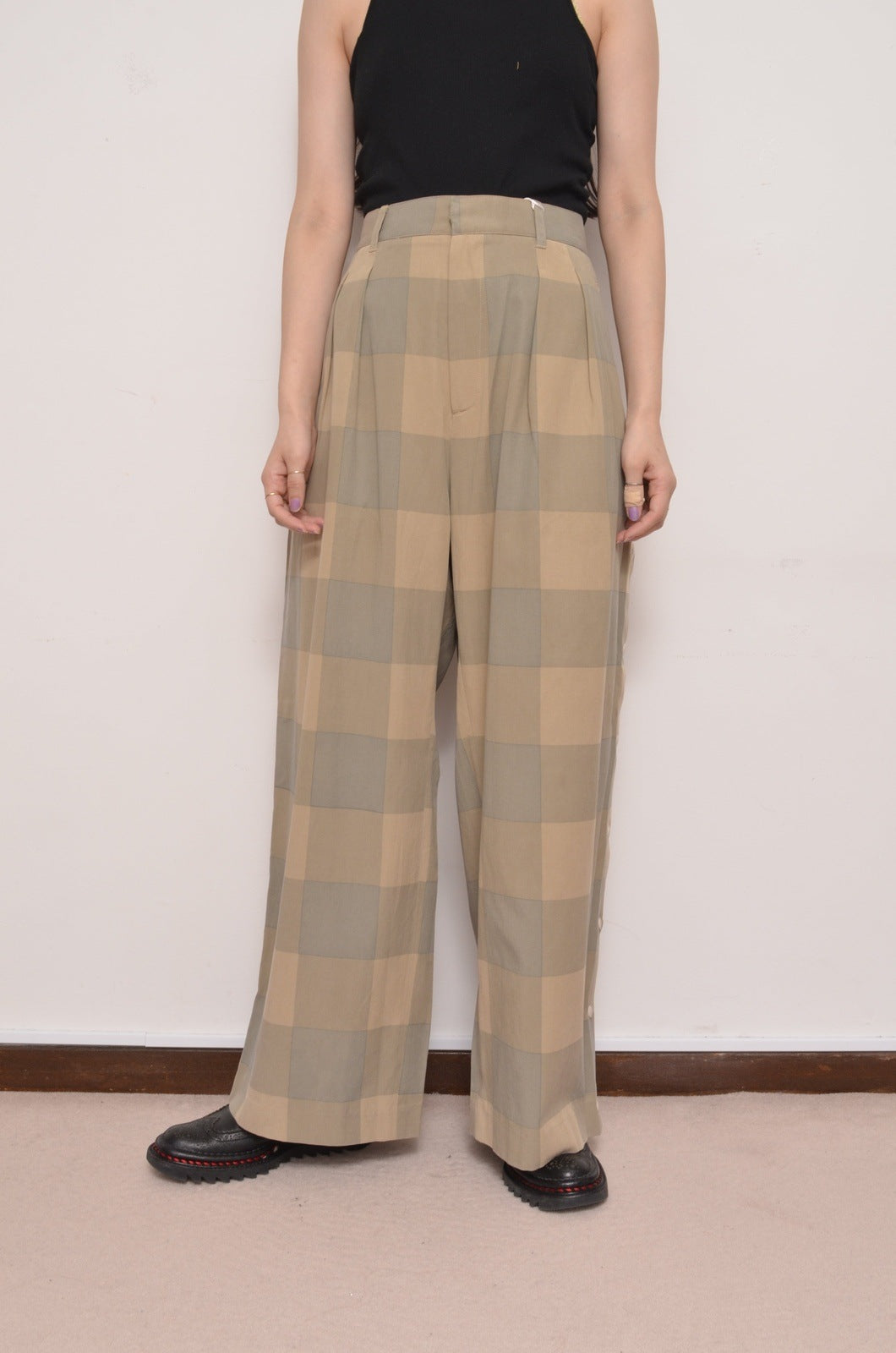 BLOCK CHECK TENCEL SIDE OPEN PANTS