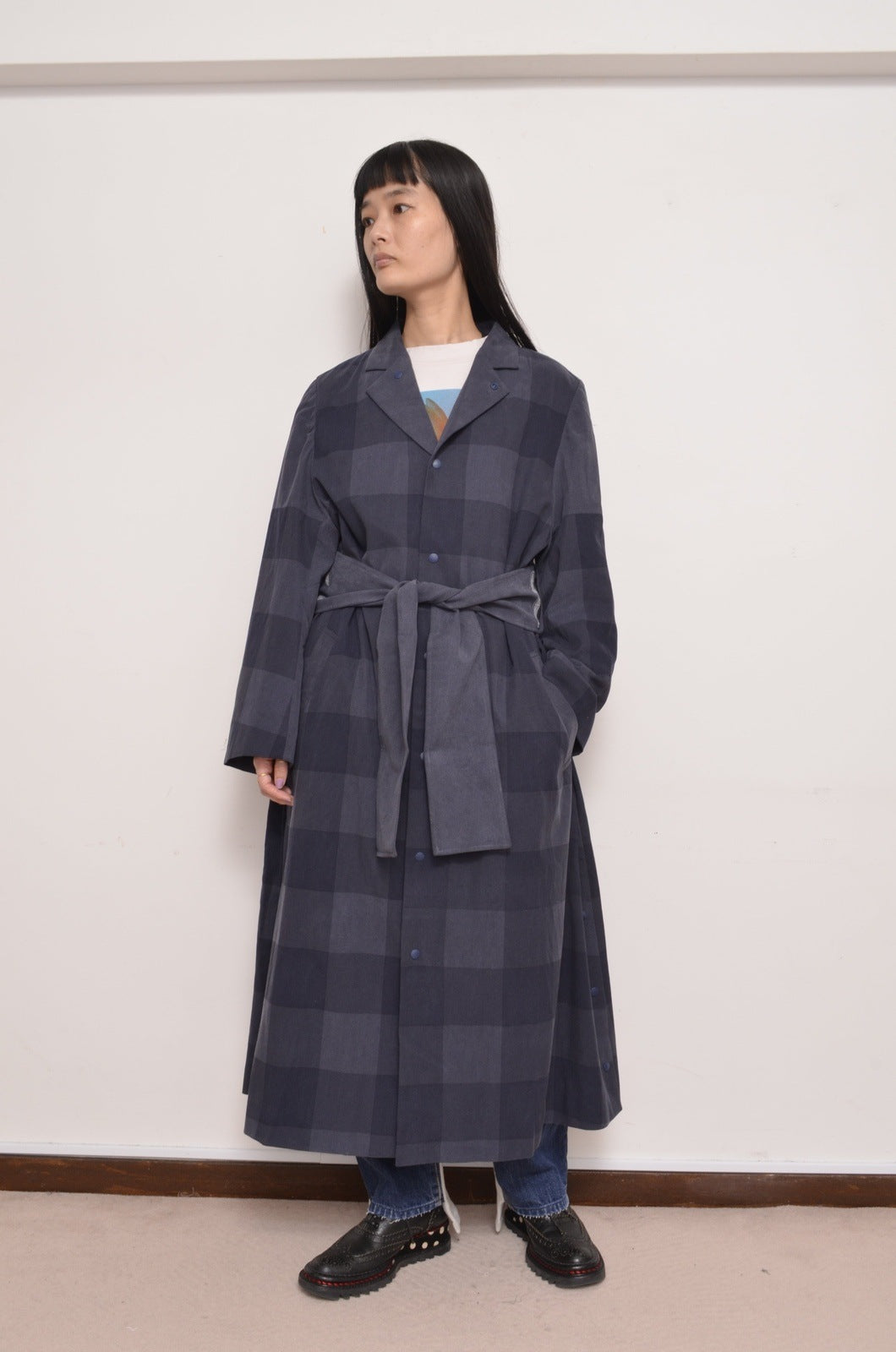 BLOCK CHECK TENCEL LONG COAT